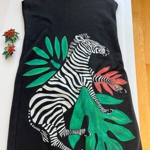 Black Stretch Dress with Hand Painted Zebra and Leaf Design + Earrings